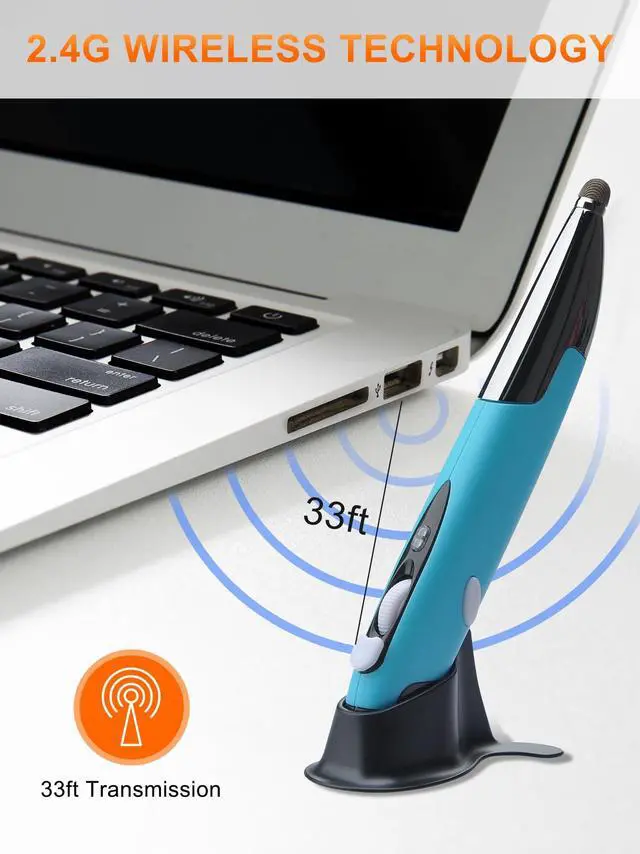 Alt view image 4 of 5 - Lychee Optical Pen Mouse - Wireless, Ergonomic, Adjustable DPI, 2.6GHz USB & Bluetooth for PC (Blue)