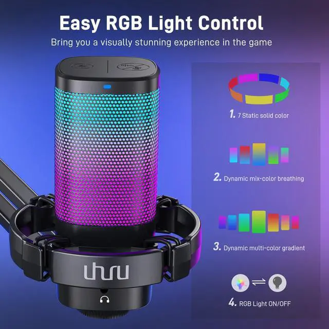 Alt view image 3 of 5 - UHURU Gaming USB Microphone for PC, Computer Mic with Controllable RGB for PS4/5 Gamers, Podcast Mic with Boom Arm, Noise Cancellation, Mute Button, Gain Knob for Streaming Discord Twitch-UM2S