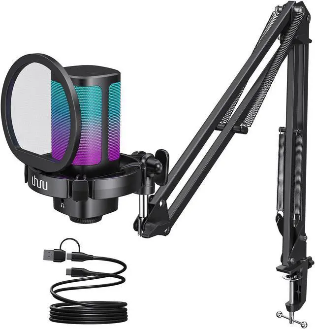 Main image of UHURU Gaming USB Microphone for PC, Computer Mic with Controllable RGB for PS4/5 Gamers, Podcast Mic with Boom Arm, Noise Cancellation, Mute Button, Gain Knob for Streaming Discord Twitch-UM2S