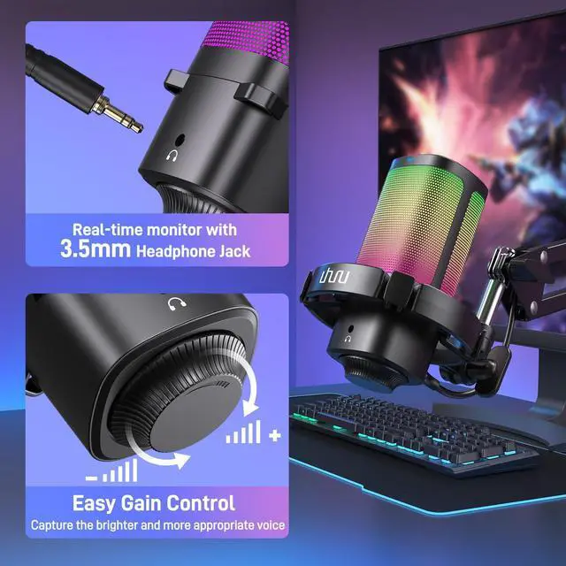 Alt view image 5 of 5 - UHURU Gaming USB Microphone for PC, Computer Mic with Controllable RGB for PS4/5 Gamers, Podcast Mic with Boom Arm, Noise Cancellation, Mute Button, Gain Knob for Streaming Discord Twitch-UM2S