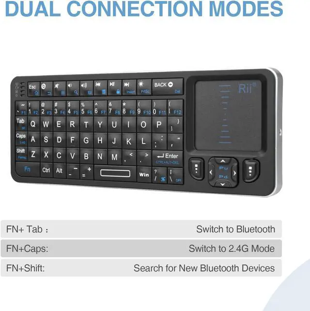 Alt view image 4 of 5 - Rii K06 Mini Bluetooth Keyboard,Backlit 2.4GHz Wireless Keyboard with IR Learning, Portable with Touchpad,Compatible with Amazon Fire Stick/VR Glasses/PS4/PS5/HTPC/IPTV (2.4G and Bluetooth)