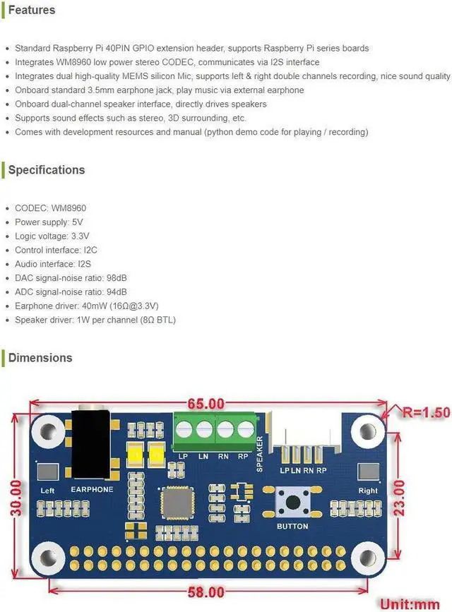 Alt view image 5 of 5 - Waveshare WM8960 Hi-Fi Sound Card HAT Stereo CODEC Playing and Recording I2S Interface for Raspberry Pi Zero/Zero W/Zero WH/2B/3B/3B+