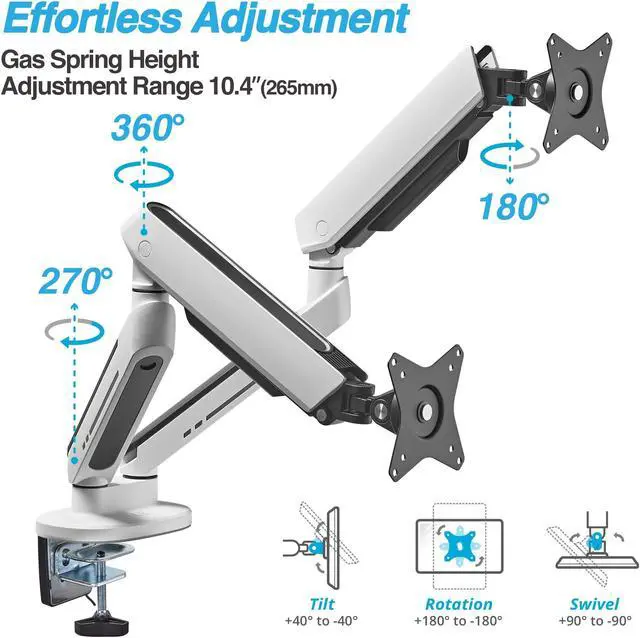Alt view image 3 of 5 - AVLT Dual 27-43 RGB Gaming Monitor Arm Desk Mount Built-in 20 Lighting Modes Touch Button Control Fits Flat/Curved/Ultrawide Screen Height Swivel Tilt Rotation Adjustable Stand -White