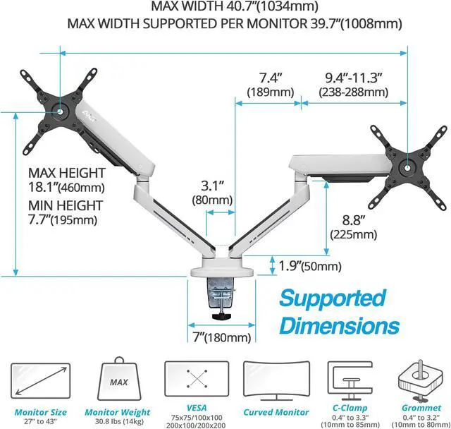 Alt view image 4 of 5 - AVLT Dual 27-43 RGB Gaming Monitor Arm Desk Mount Built-in 20 Lighting Modes Touch Button Control Fits Flat/Curved/Ultrawide Screen Height Swivel Tilt Rotation Adjustable Stand -White