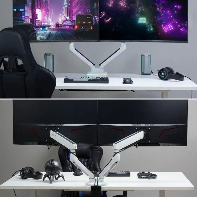 Alt view image 5 of 5 - AVLT Dual 27-43 RGB Gaming Monitor Arm Desk Mount Built-in 20 Lighting Modes Touch Button Control Fits Flat/Curved/Ultrawide Screen Height Swivel Tilt Rotation Adjustable Stand -White