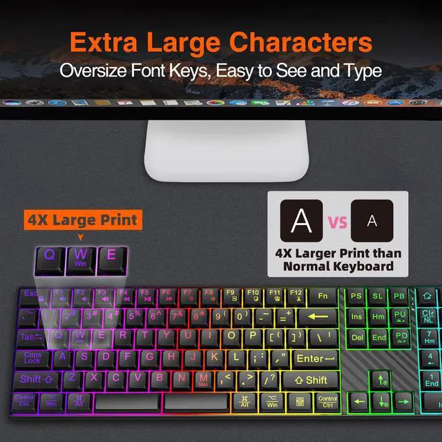 Alt view image 2 of 5 - B.FRIENDIT Large Print Backlit Keyboard, Quiet USB Wired Computer Keyboards, Full Size Keyboard with 7-Color & 6 Modes Backlit,Compatible for Windows/Mac, MacBook Pro/Air, Desktop, Laptop, PC, Gaming