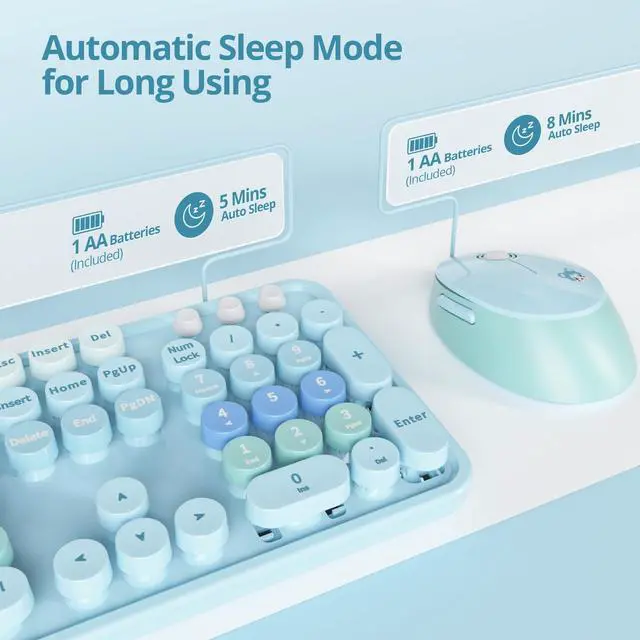 Alt view image 2 of 5 - Ussixchare Blue Keyboard and Mouse Combo Wireless Keyboard and Mouse Retro Typewriter Keyboard with Number Pad 2.4GHz Cute Mouse for Pc Laptop(Blue)