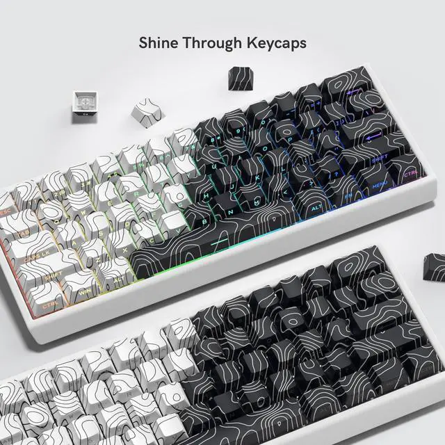 Alt view image 4 of 5 - Double Shot PBT keycaps,White and Black,Topographic keycaps,Lines Backlit,Shine Through keycap,Side Printed keycap,dye Sublimation,Cherry Profile Keyboard caps for TKL US Layout Mechanical Keyboard