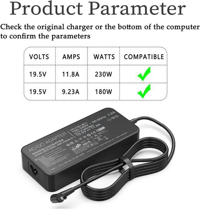 Alt view image 3 of 5 - 230W Laptop Charger for MSI GS65 GS66 GS75 GS76 WS65 WS66 WS75 with 5.5 * 2.5mm Charging Port,Compatible with MSI Creator 15 17 Alpha 15 17 Chicony A17-230P1A A12-230P1A Gaming Laptop Power Supply