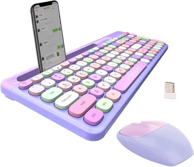 Main image of FOPETT 2.4GHz Wireless Keyboard and Mouse Set with Phone Holder - Compact Full-Size Keyboard - Compatible with Windows/Laptop/PC/Notebook - 888 Purple Colorful