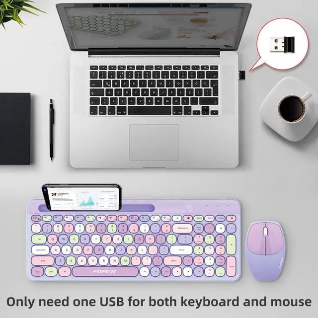 Alt view image 2 of 5 - FOPETT 2.4GHz Wireless Keyboard and Mouse Set with Phone Holder - Compact Full-Size Keyboard - Compatible with Windows/Laptop/PC/Notebook - 888 Purple Colorful