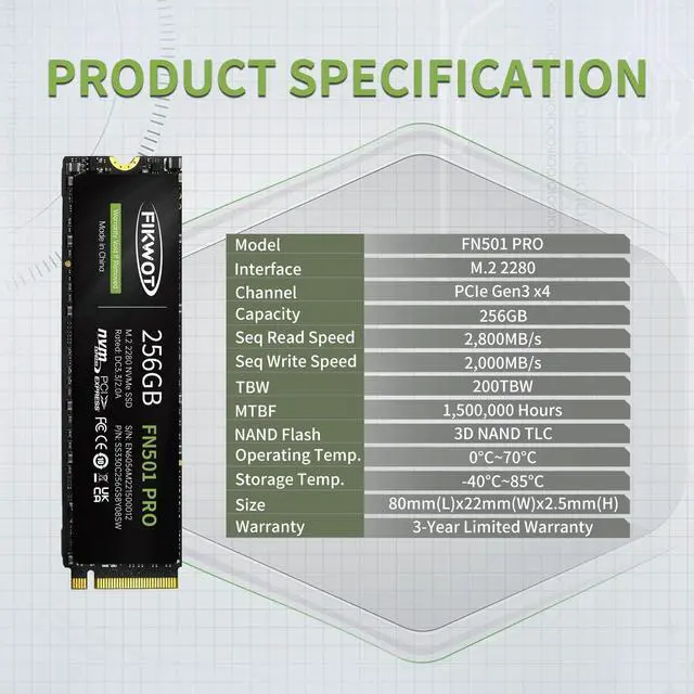 Alt view image 5 of 5 - Fikwot FN501 Pro 256GB NVMe SSD - M.2 2280 PCIe Gen3 x4 Internal Solid State Drive with Graphene Cooling Sticker, Up to 3,500MB/s, SLC Cache 3D NAND TLC, Compatible with Laptop & PC Desktop