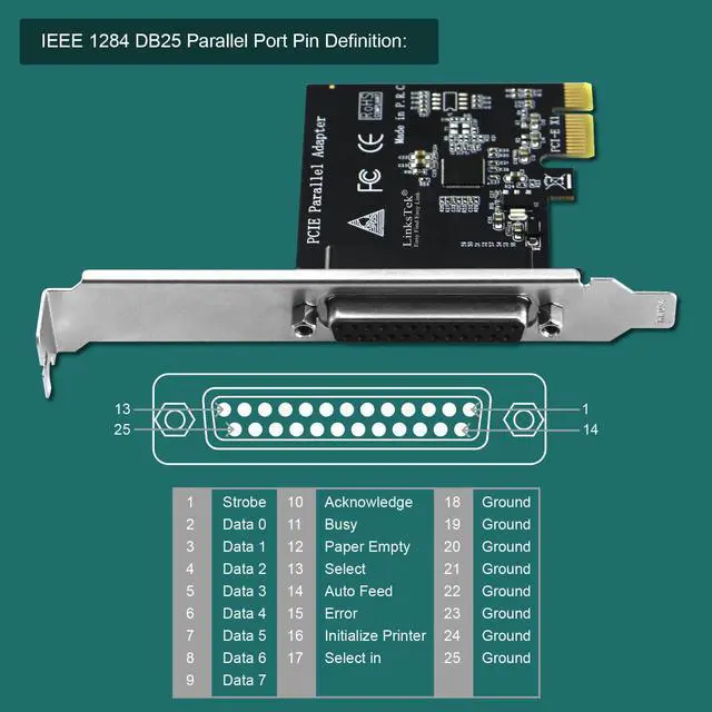 Alt view image 4 of 5 - LinksTek 1-Port PCI Express Parallel Card for Printers, IEEE 1284 Standard DB25 LPT PCIE Parallel Port, Supports IEEE 1284 SPP, Nibble, Byte and ECP Mode, PCIE DB25 Parallel Port Card (PCIE-PA1)
