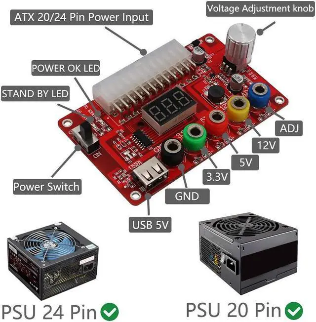 Alt view image 4 of 5 - New Version ATX Power Supply Breakout Board and Acrylic Case Kit with ADJ Adjustable Voltage Knob, Supports 3.3V, 5V, 12V and 1.8V-10.8V (ADJ) Output Voltage, 3A Maximum Output, Reset Protection