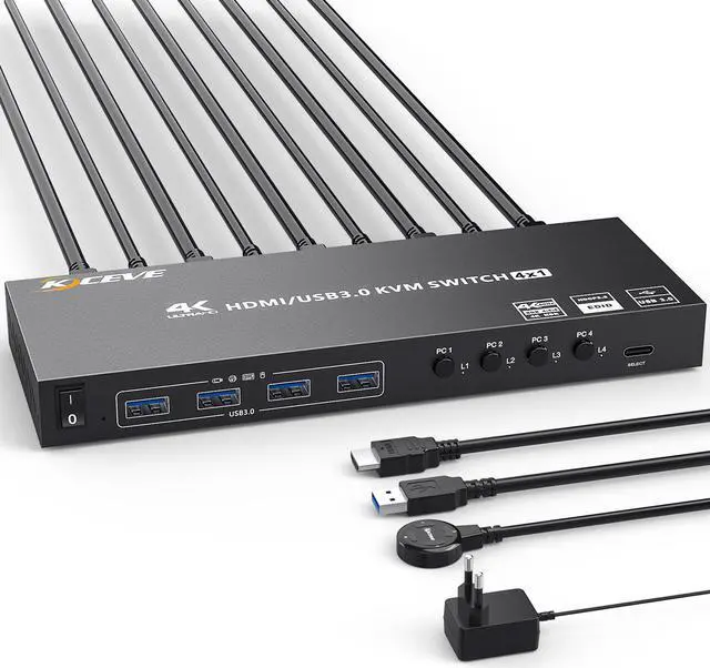 Main image of USB 3.0 KVM Switch HDMI 4 Port Support 4K@60Hz 2K@120Hz Simulation EDID,AOOCOO HDMI USB Switch for 4 Computers Share 1 Monitor and 4 USB 3.0 Port,with Desktop Controller and KVM Cables