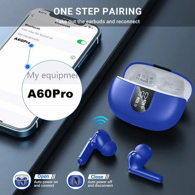 Alt view image 5 of 5 - Wireless Earbuds, 2024 Wireless Headphones HiFi Stereo Earphones with 4 ENC Noise Canceling Mic, 42Hs Playtime In Ear Earbud, Bluetooth 5.3 Sport Earphones with LED Power Display for Android iOS Blue