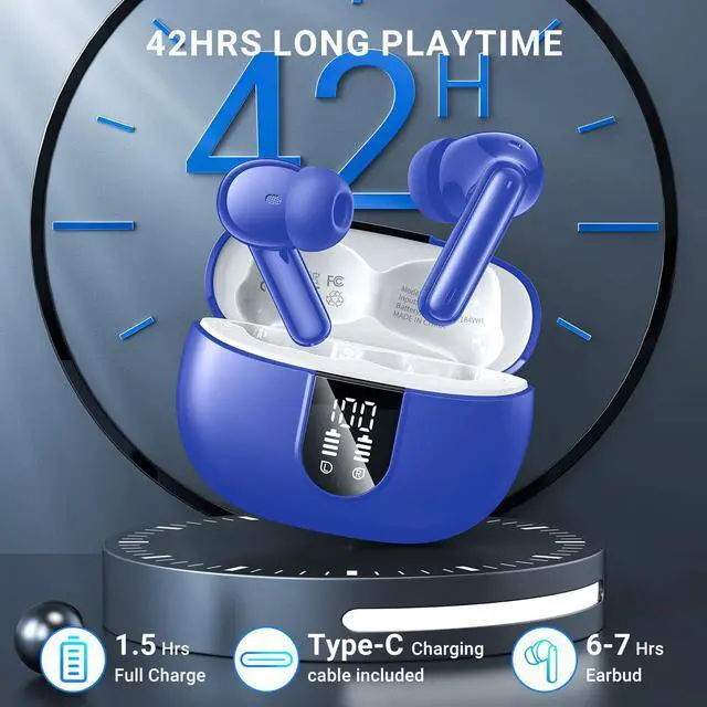 Alt view image 3 of 5 - Wireless Earbuds, 2024 Wireless Headphones HiFi Stereo Earphones with 4 ENC Noise Canceling Mic, 42Hs Playtime In Ear Earbud, Bluetooth 5.3 Sport Earphones with LED Power Display for Android iOS Blue