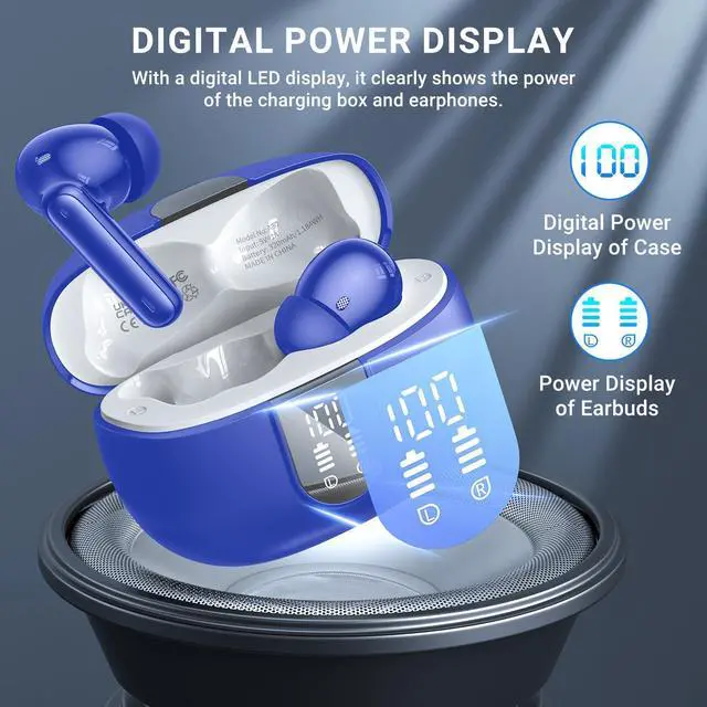 Alt view image 4 of 5 - Wireless Earbuds, 2024 Wireless Headphones HiFi Stereo Earphones with 4 ENC Noise Canceling Mic, 42Hs Playtime In Ear Earbud, Bluetooth 5.3 Sport Earphones with LED Power Display for Android iOS Blue