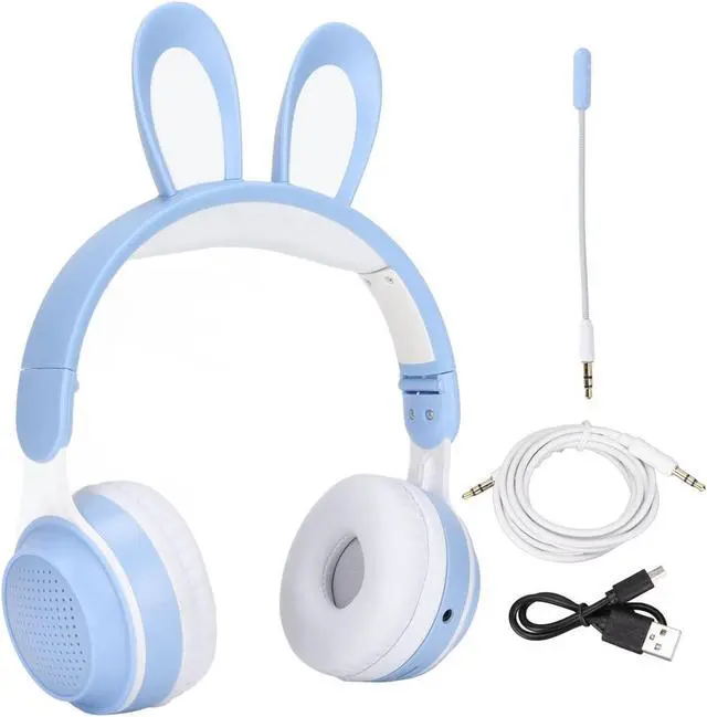 Alt view image 5 of 5 - Foldable Bluetooth 5.0 Headphones with Microphone Cute Rabbit Ear Over Ear Headphones for Green Kids Teens Adults, 12 Hours of Listening Time, TF/Aux, Built in 7 LED