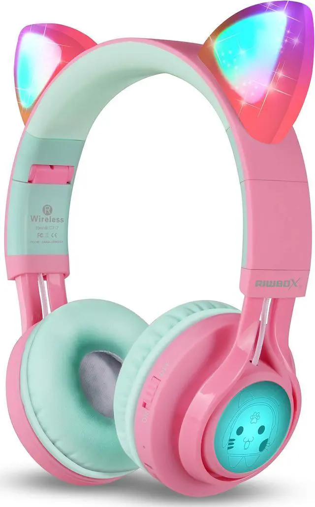 Main image of Riwbox CT-7 Cat Ear Bluetooth Headphones, LED Light Up Bluetooth Wireless Over Ear Headphones with Microphone and Volume Control for Travel/School/Smartphones/Laptop/PC/TV (Pink&Green)
