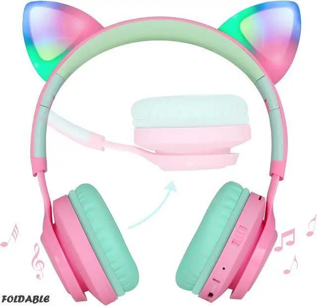 Alt view image 2 of 5 - Riwbox CT-7 Cat Ear Bluetooth Headphones, LED Light Up Bluetooth Wireless Over Ear Headphones with Microphone and Volume Control for Travel/School/Smartphones/Laptop/PC/TV (Pink&Green)