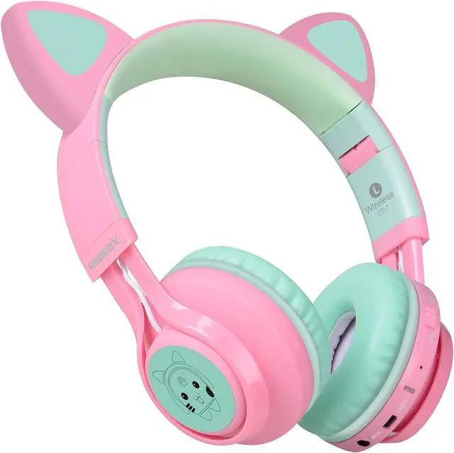 Alt view image 4 of 5 - Riwbox CT-7 Cat Ear Bluetooth Headphones, LED Light Up Bluetooth Wireless Over Ear Headphones with Microphone and Volume Control for Travel/School/Smartphones/Laptop/PC/TV (Pink&Green)