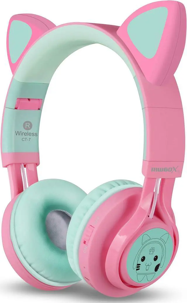 Alt view image 3 of 5 - Riwbox CT-7 Cat Ear Bluetooth Headphones, LED Light Up Bluetooth Wireless Over Ear Headphones with Microphone and Volume Control for Travel/School/Smartphones/Laptop/PC/TV (Pink&Green)
