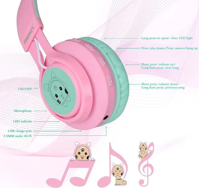 Alt view image 5 of 5 - Riwbox CT-7 Cat Ear Bluetooth Headphones, LED Light Up Bluetooth Wireless Over Ear Headphones with Microphone and Volume Control for Travel/School/Smartphones/Laptop/PC/TV (Pink&Green)
