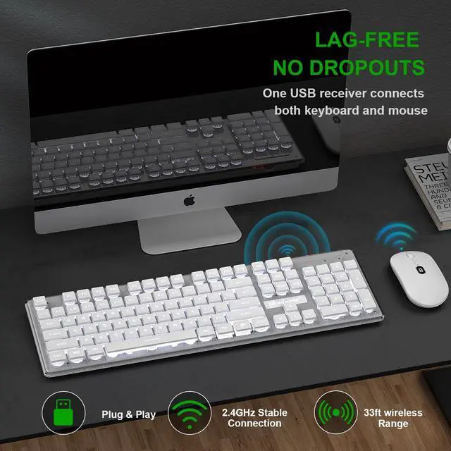 Alt view image 2 of 5 - BlueFinger Wireless Keyboard and Mouse with Power Display, Blacklit Rechargeable Full Sized Silent Light Up Gaming Keyboard Mouse Combo for Computer, Mac, Laptop, PC (White)