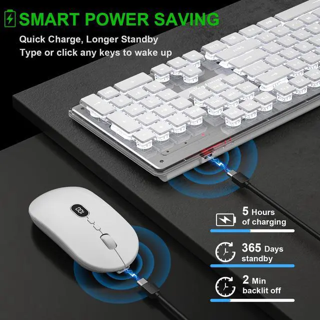 Alt view image 4 of 5 - BlueFinger Wireless Keyboard and Mouse with Power Display, Blacklit Rechargeable Full Sized Silent Light Up Gaming Keyboard Mouse Combo for Computer, Mac, Laptop, PC (White)