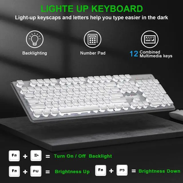 Alt view image 5 of 5 - BlueFinger Wireless Keyboard and Mouse with Power Display, Blacklit Rechargeable Full Sized Silent Light Up Gaming Keyboard Mouse Combo for Computer, Mac, Laptop, PC (White)