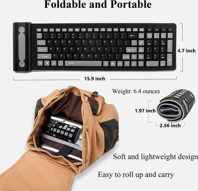 Alt view image 4 of 5 - Seaciyan Wireless Silicone Keyboard, Portable Foldable Roll Up Soft Rubber Keyboard, Perfect for PC, Laptop and Travel (Black and Gray)