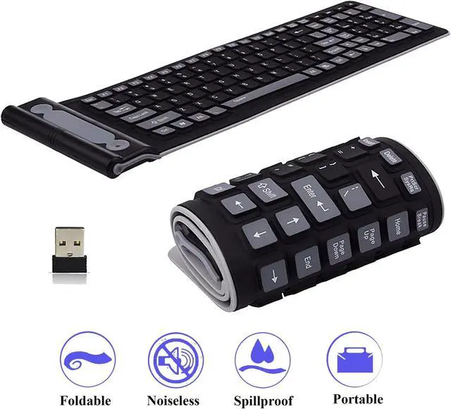 Alt view image 2 of 5 - Seaciyan Wireless Silicone Keyboard, Portable Foldable Roll Up Soft Rubber Keyboard, Perfect for PC, Laptop and Travel (Black and Gray)