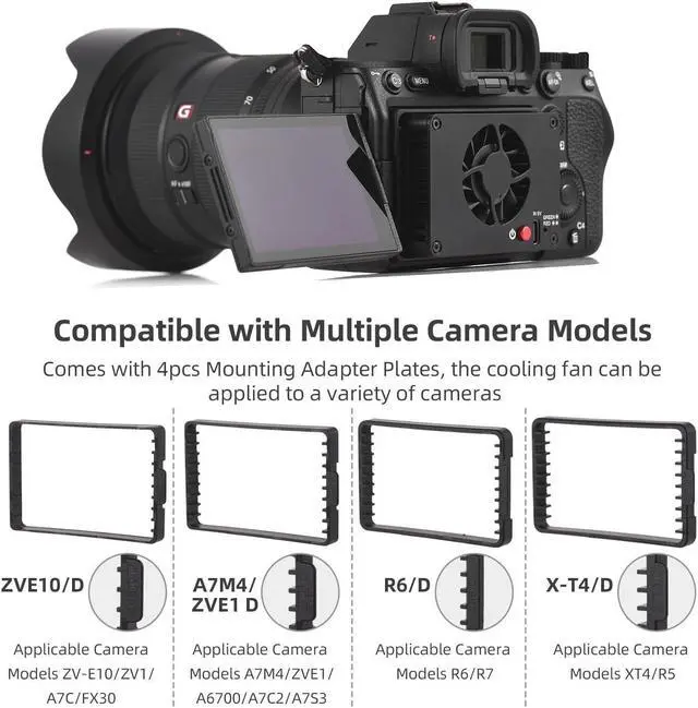 Alt view image 2 of 5 - Camnoon FS-04B Camera Cooling Fan External Cooling System with 2 Fan Speeds 4pcs Mounting Adapter Plates for Sony A7M4/ZVE1/A6700/A7C2/A7S3/ZV-E10/FX30, for Canon R5/R6/R7, for Fujifilm XT4 Cameras