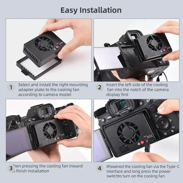 Alt view image 5 of 5 - Camnoon FS-04B Camera Cooling Fan External Cooling System with 2 Fan Speeds 4pcs Mounting Adapter Plates for Sony A7M4/ZVE1/A6700/A7C2/A7S3/ZV-E10/FX30, for Canon R5/R6/R7, for Fujifilm XT4 Cameras