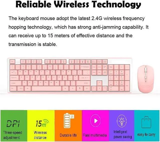 Alt view image 3 of 5 - Wireless Keyboard Mouse Combo,2.4G USB Cordless Cute Lightweight Mute Chocolate Keyboard and Optical 800-1200-1600DPI Adjustable Mouse Set Office Game Home Use for Notebook Laptop Computer (Pink)