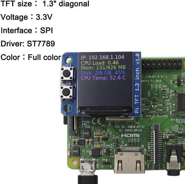 Alt view image 3 of 5 - Mini PiTFT 1.3" LCD Display 240x240 TFT Add-on for Raspberry Pi 3.3V SPI ST7789 3.3V SPI ST7789 Full Color(Pack of 2PCS)