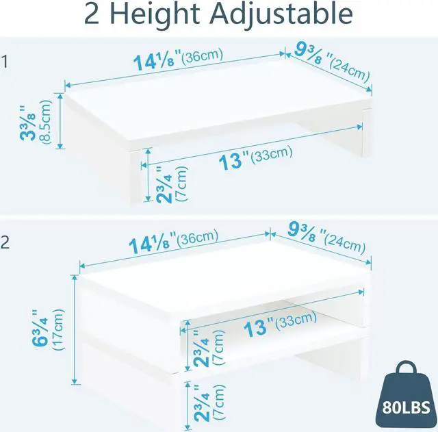 Alt view image 4 of 5 - TEAMIX White Monitor Stand Riser - 2 Pack, Wood 2 Tier Adjustable Dual Monitor Riser for Laptop/PC Computer Stand for Desk