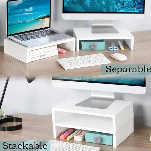 Alt view image 3 of 5 - TEAMIX White Monitor Stand Riser - 2 Pack, Wood 2 Tier Adjustable Dual Monitor Riser for Laptop/PC Computer Stand for Desk