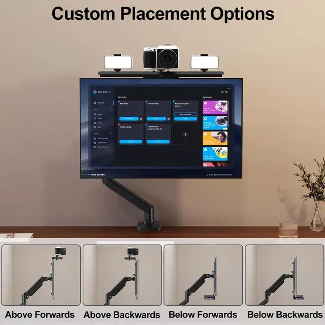 Alt view image 2 of 5 - ErgoFocus DSLR Monitor Mount Hold up to 11 lbs, Monitor Top Shelf for Livestream Device, Camera Mount, Webcams, Microphones, Lighting and More, Fits VESA Mount 75/100mm, Height Adjustable