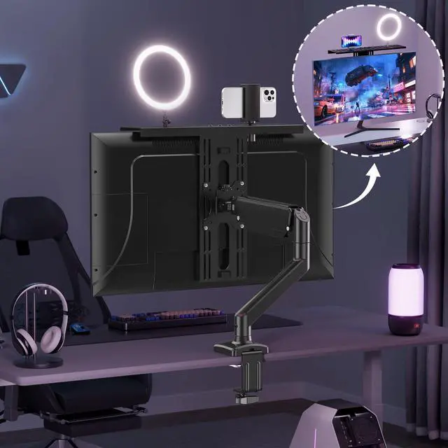 Alt view image 3 of 5 - ErgoFocus DSLR Monitor Mount Hold up to 11 lbs, Monitor Top Shelf for Livestream Device, Camera Mount, Webcams, Microphones, Lighting and More, Fits VESA Mount 75/100mm, Height Adjustable