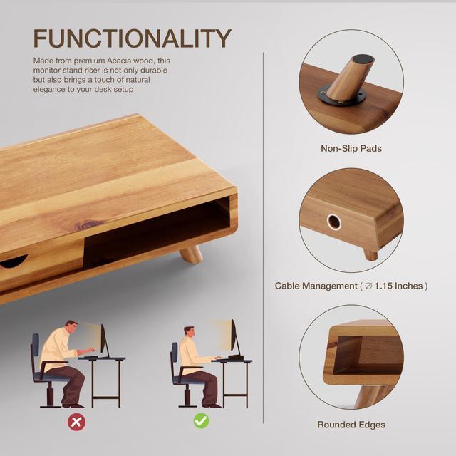 Alt view image 4 of 5 - TINAMO Acacia Wood Monitor Stand with Drawer - Wooden Monitor Riser for Desk - Computer Monitor Stand for Desk - Multi-Purpose Desktop Storage Stand for Computer; Laptop; Printer; TV - 24.4 " x 8" x 5