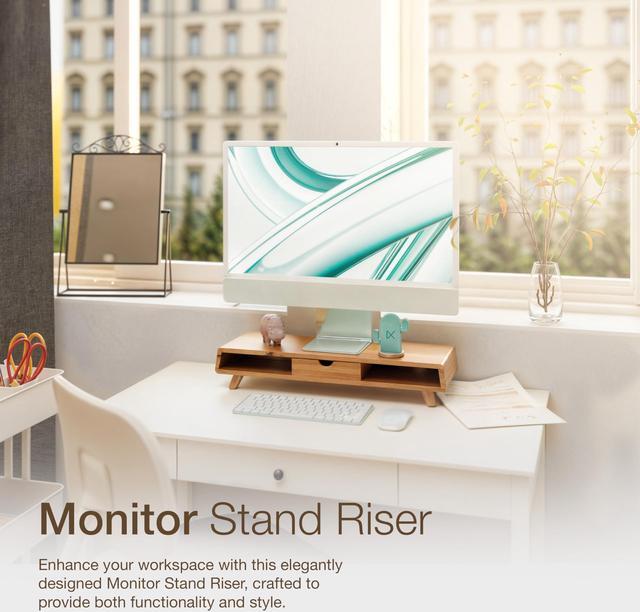 Alt view image 5 of 5 - TINAMO Acacia Wood Monitor Stand with Drawer - Wooden Monitor Riser for Desk - Computer Monitor Stand for Desk - Multi-Purpose Desktop Storage Stand for Computer; Laptop; Printer; TV - 24.4 " x 8" x 5