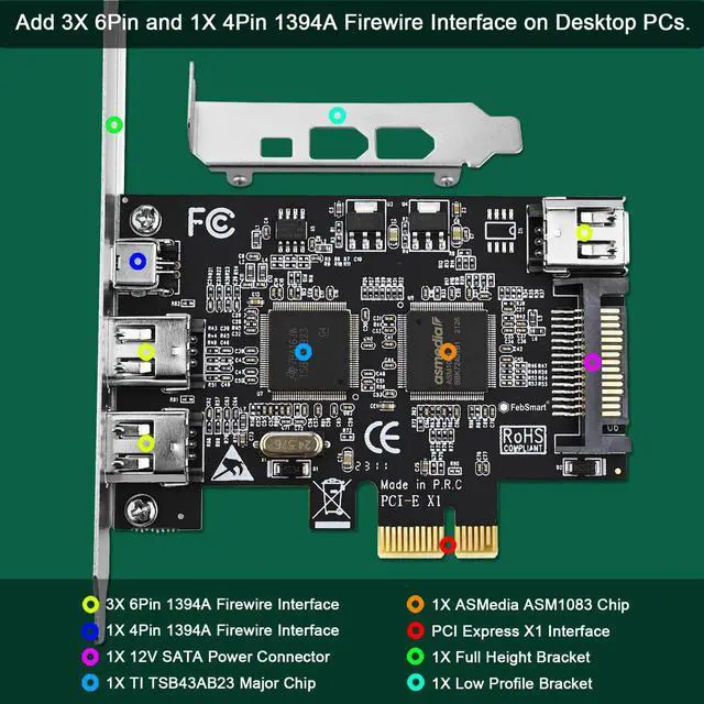 Alt view image 2 of 5 - FebSmart 4 Ports PCIE Firewire 400 1394A Expansion Card, Texas Instruments TI TSB43AB23, Plug and Play on Windows and MAC Desktop PCs, 3X 6Pin and 1X 4Pin 1394A Ports, 400Mbps Max Speed (FS-FW400)