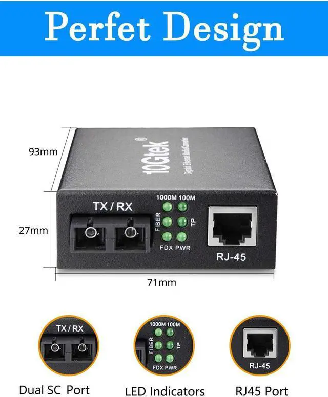 Alt view image 4 of 5 - Fiber to Ethernet Media Converter, Gigabit Single Mode Dual SC Converter, Built-in Fiber Module up to 20km, Dual SC to 10/100/1000M RJ45, SMF, 1310nm