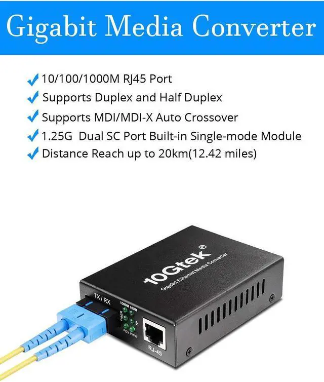 Alt view image 2 of 5 - Fiber to Ethernet Media Converter, Gigabit Single Mode Dual SC Converter, Built-in Fiber Module up to 20km, Dual SC to 10/100/1000M RJ45, SMF, 1310nm