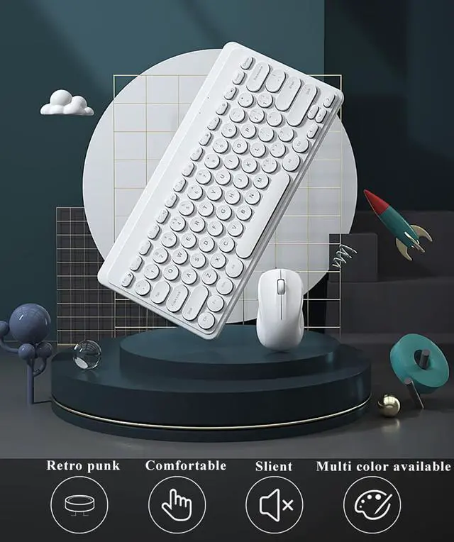 Alt view image 2 of 5 - Compact Keyboard MouseCombo,JieruiDeng 79-Key Retro Mini Cute Computer Keyboard 2.4G USB Wireless and Silent Mice Set for Laptop Desktop PC iPad (White)