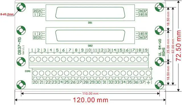 Alt view image 5 of 5 - Jienk DB37 Male/Female D-SUB Din Rail Mount Interface Module, RS232 D-SUB Serial to 37-pin Port Terminal D-sub Terminal Block Breakout Board