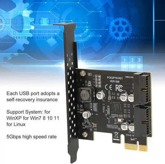 Alt view image 3 of 5 - PCIE to USB 3.2 Expansion Card, 5Gbps High Speed USB Riser Card Dual Port USB3.2 GEN1 PCI Express Card 19 Pin Header for Type C Front Panel Mount Adapter(Black)