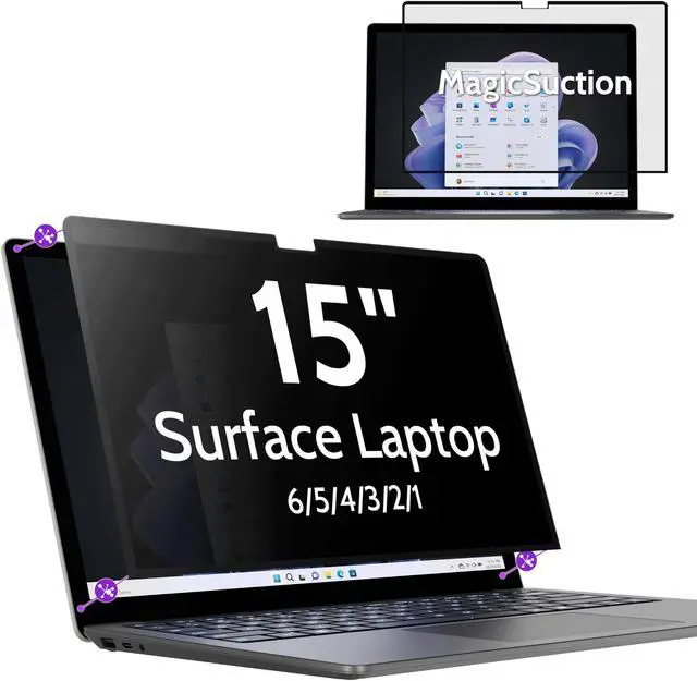 Main image of Peslv Privacy Screen for 15 Inch Surface Laptop 6/5/4/3/2/1, MagicSuction(tm) Removable Anti Spy Black Protector, Glare Blue Light Filter for Microsoft Laptop Computer Monitor